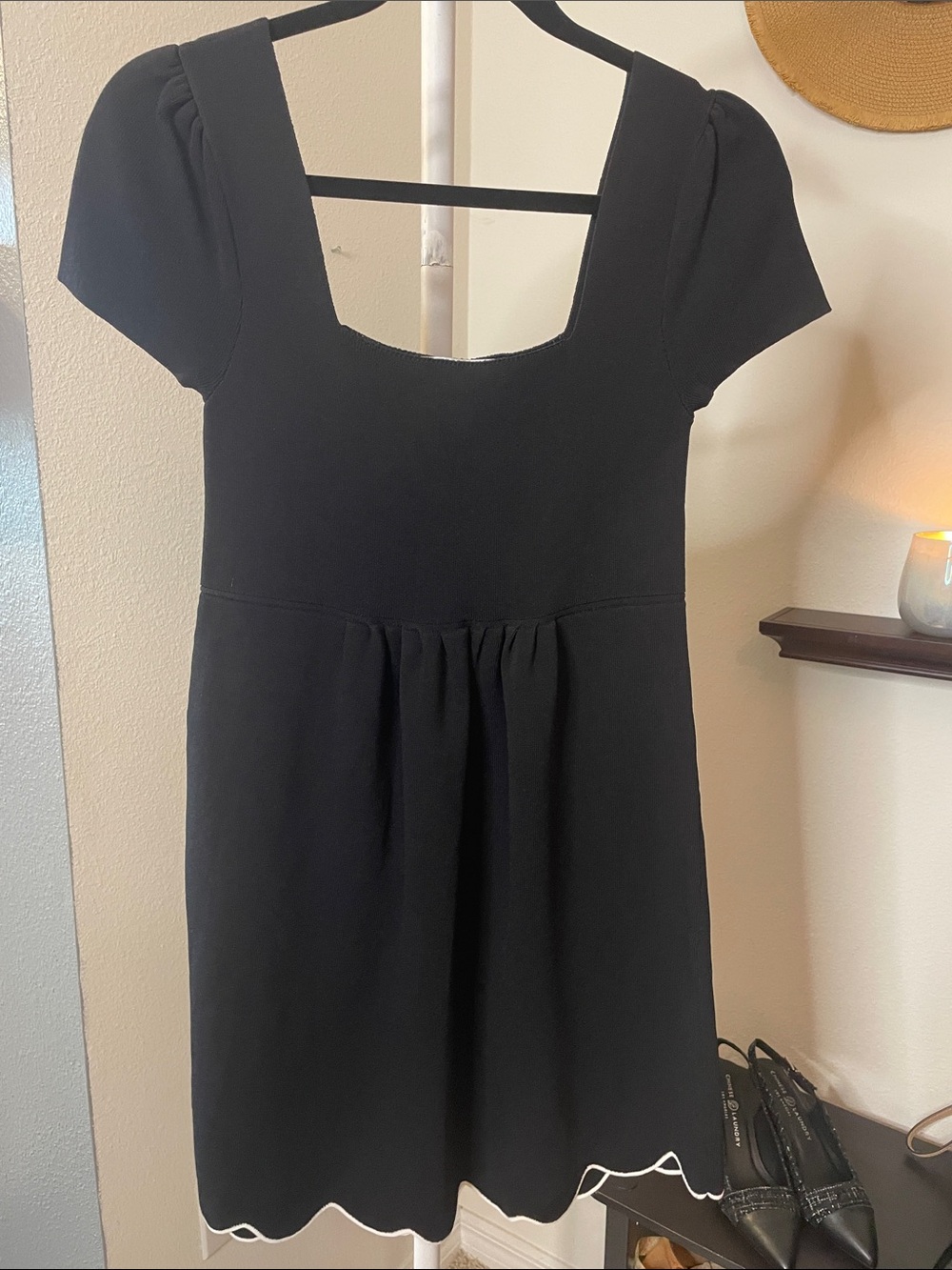 English Factory Black Square-Neck Mini Dress with Scalloped Hem